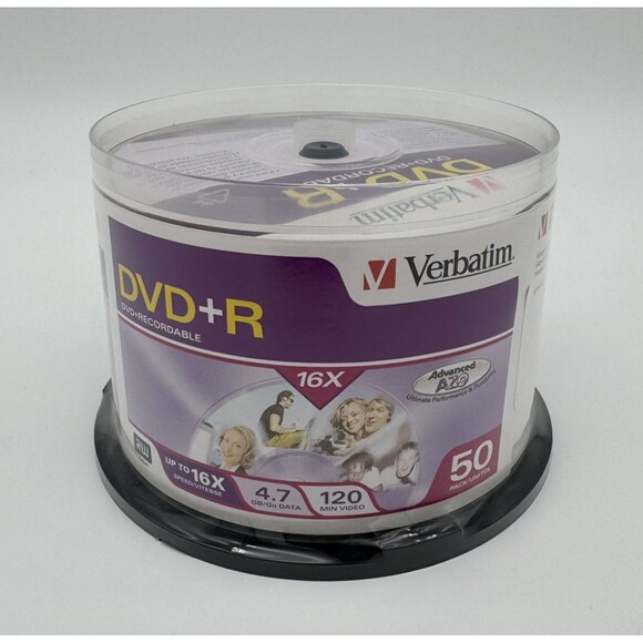 50 Verbatim AZO DVD+R 16X Branded Logo 4.7GB Media Disc Spindle 95037 New Sealed - Picture 1 of 4